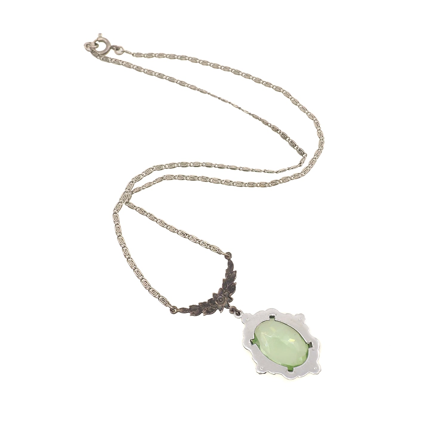 Antique 1920s Art Deco Sterling Silver and Green Glass Marcasite Choker 16" Necklace