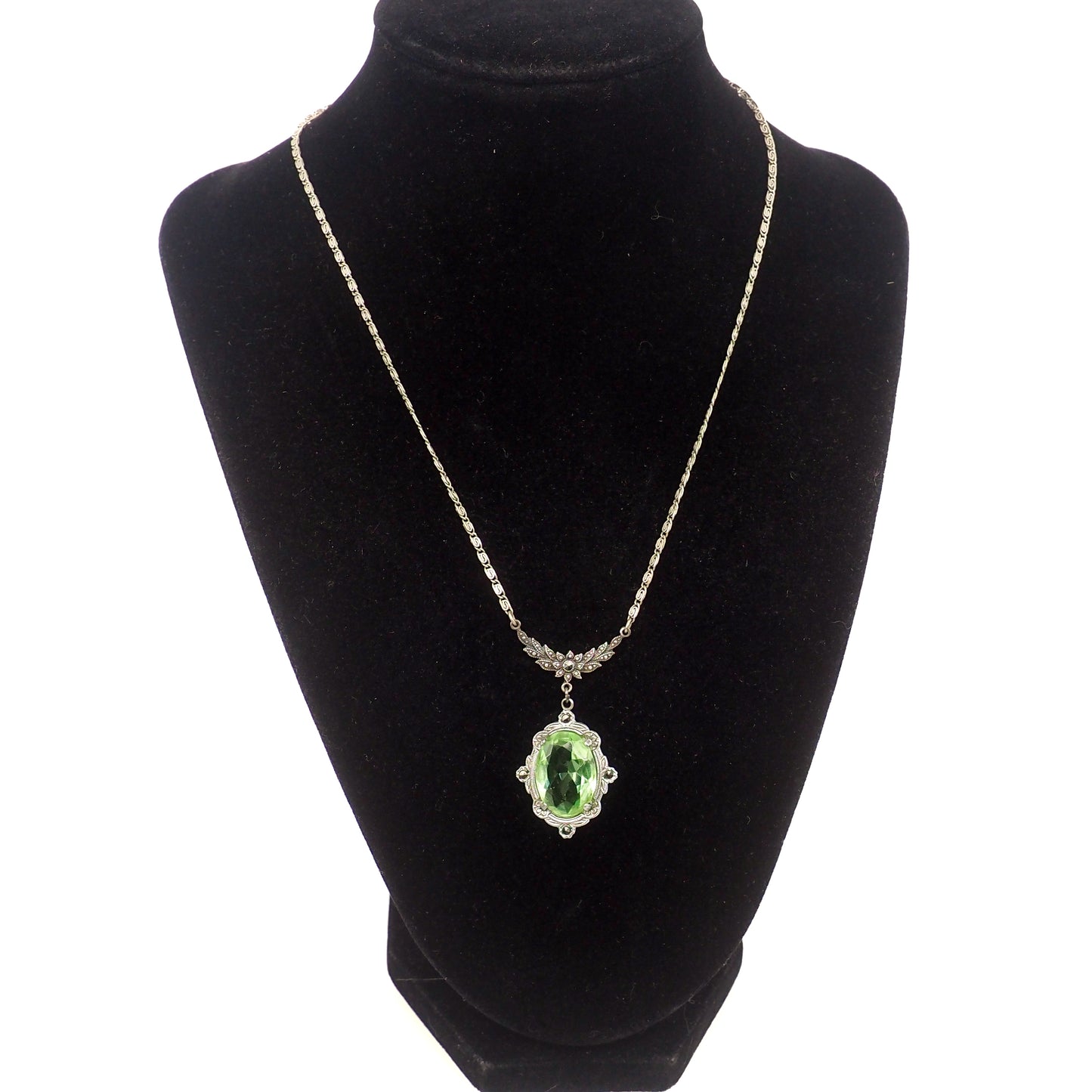 Antique 1920s Art Deco Sterling Silver and Green Glass Marcasite Choker 16" Necklace