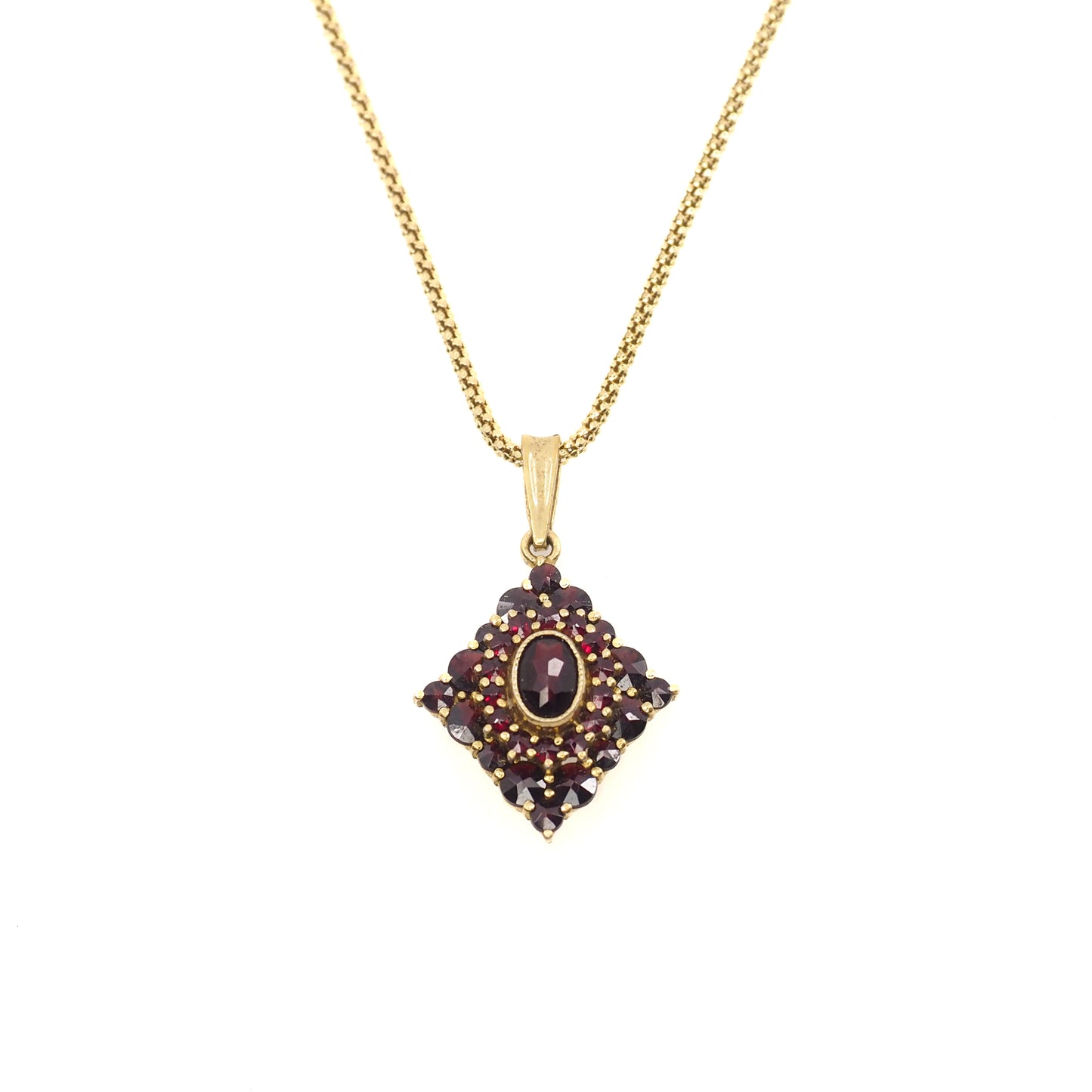 Vintage 1960s GRANAT TURNOV Bohemian Garnet Diamond-Shape Cluster Pendant 29" Necklace