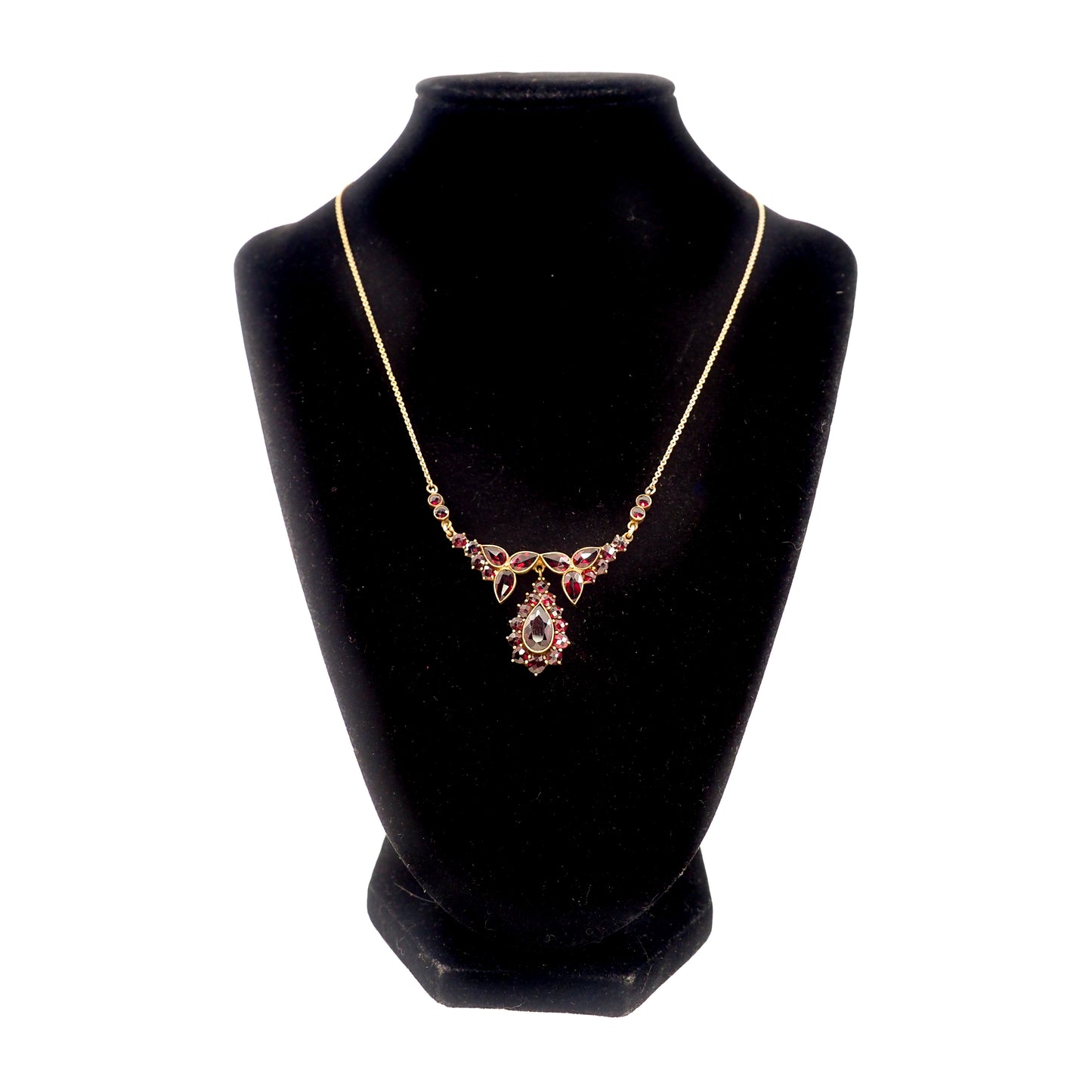 Vintage 1930s Red Bohemian Garnet Drop Choker Gilt 17" Necklace