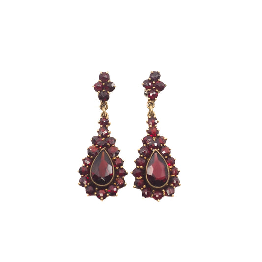 Vintage 1950s Red Rose Cut Pyrope Garnet and Gold Wash Drop Cluster Pierced Earrings