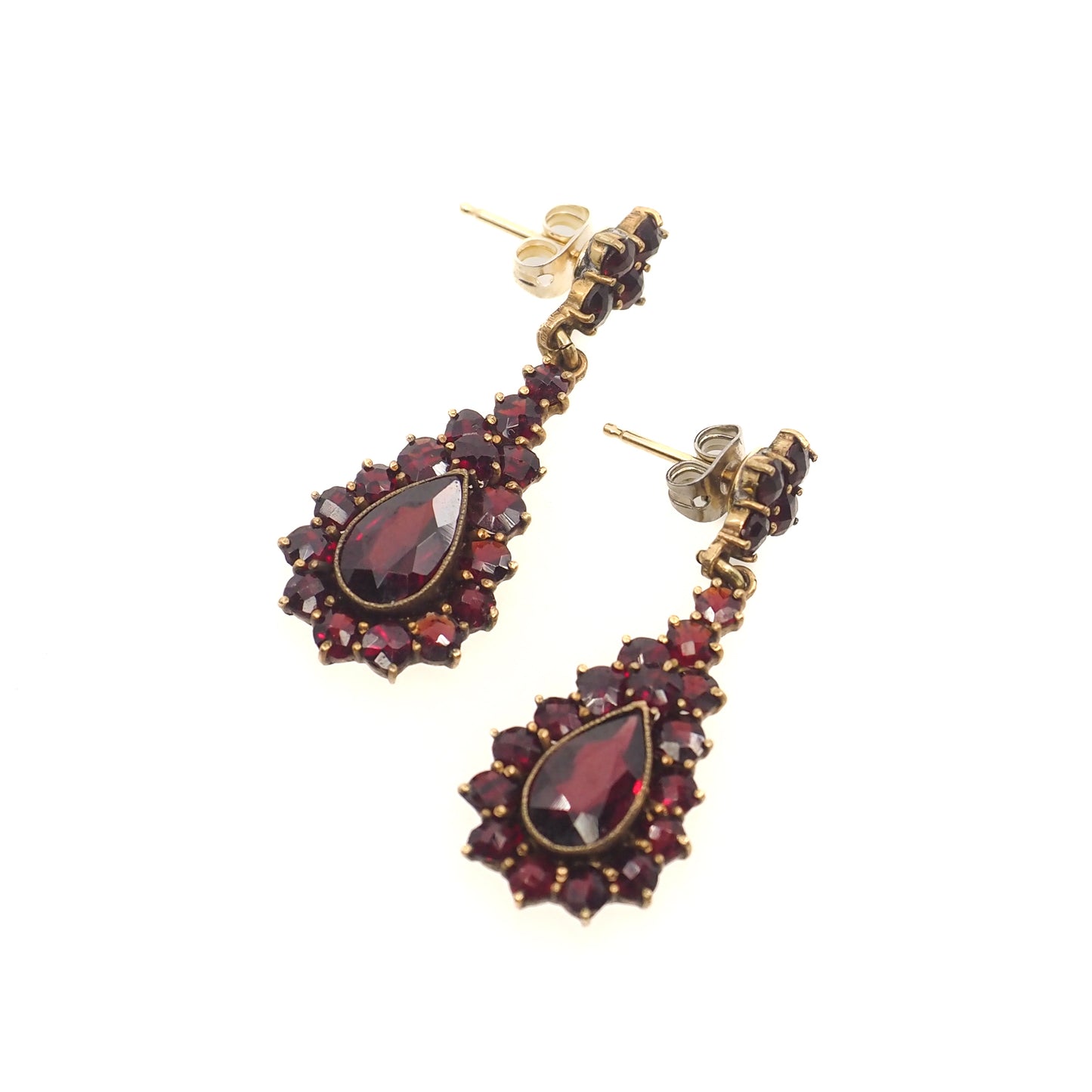Vintage 1950s Red Rose Cut Pyrope Garnet and Gold Wash Drop Cluster Pierced Earrings
