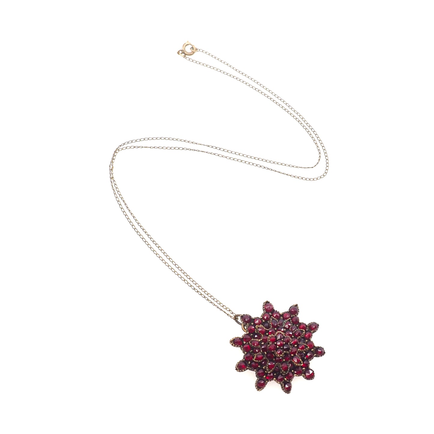 Antique 1890s Late Victorian Bohemian Garnet and Gilt Cluster Starburst 18" Necklace