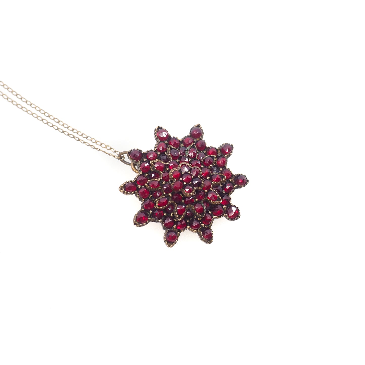Antique 1890s Late Victorian Bohemian Garnet and Gilt Cluster Starburst 18" Necklace