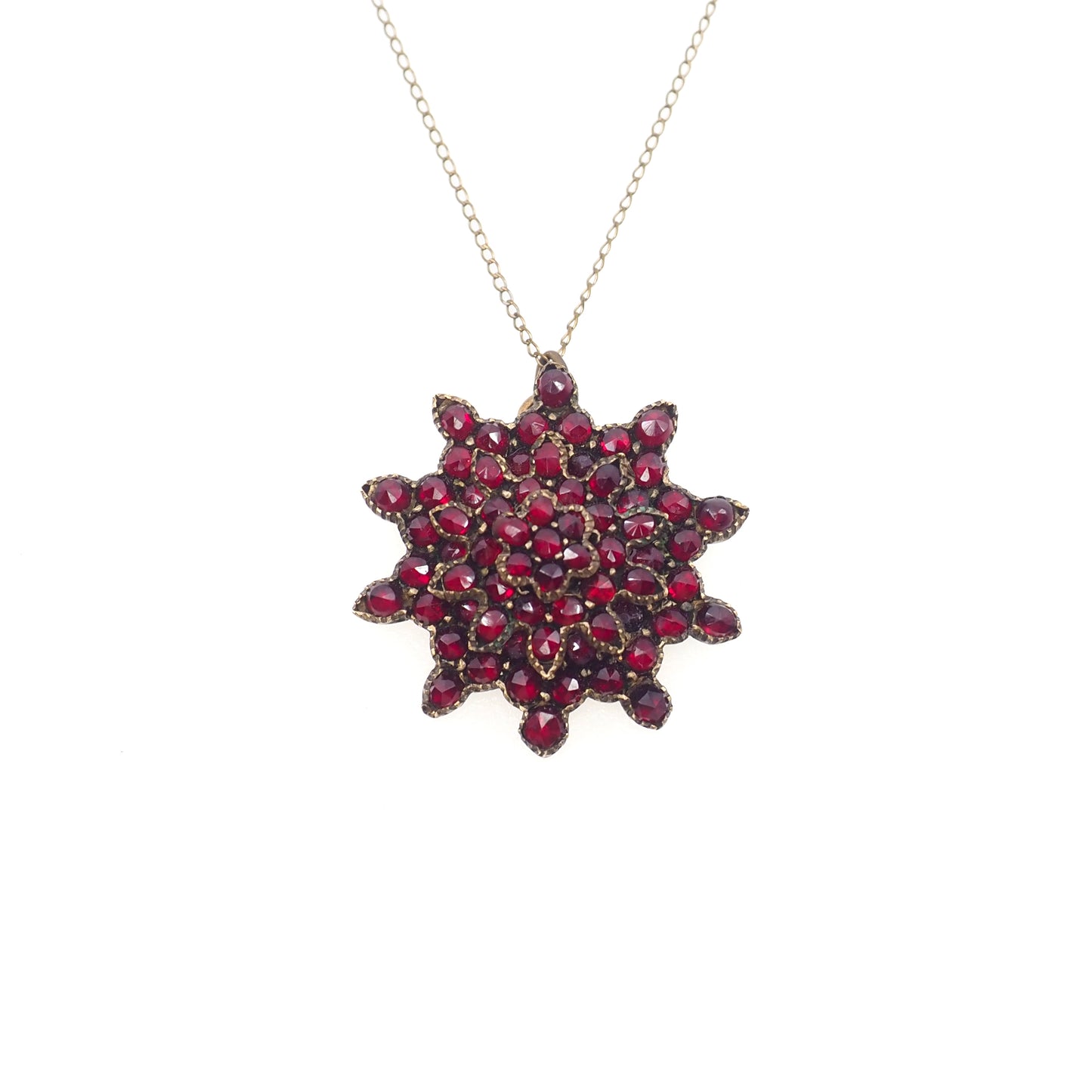 Antique 1890s Late Victorian Bohemian Garnet and Gilt Cluster Starburst 18" Necklace