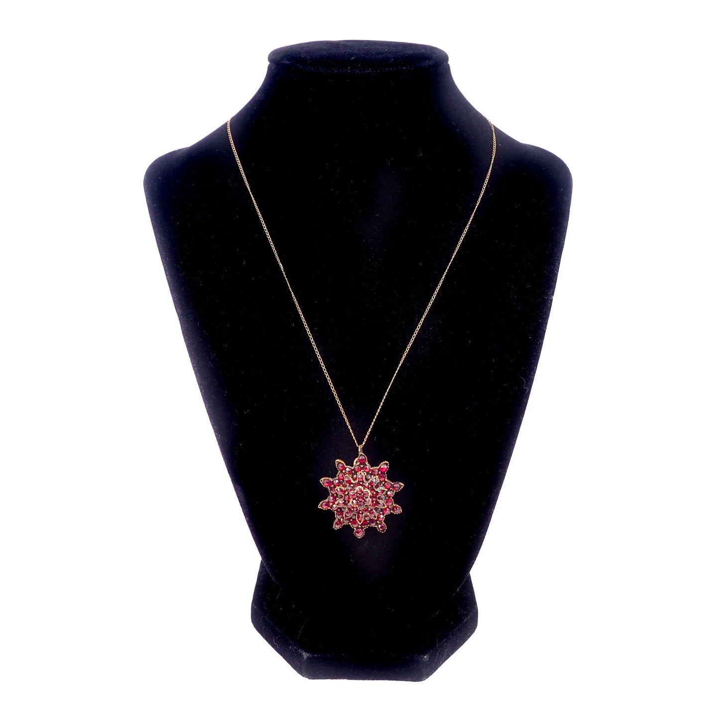 Antique 1890s Late Victorian Bohemian Garnet and Gilt Cluster Starburst 18" Necklace