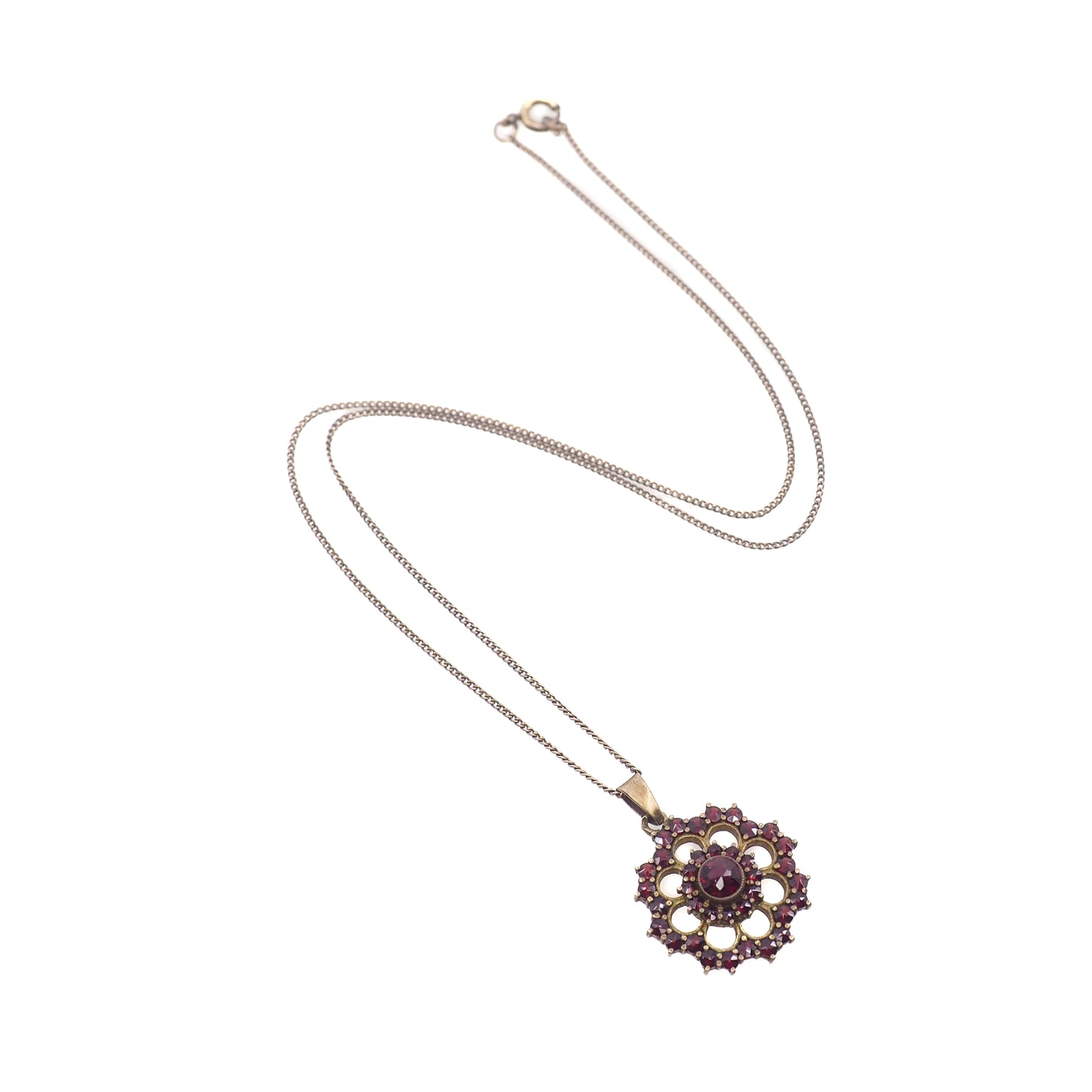 Vintage 1960s Rose Cut Bohemian Garnet and Flower Pendant 18" Necklace