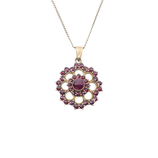 Vintage 1960s Rose Cut Bohemian Garnet and Flower Pendant 18" Necklace
