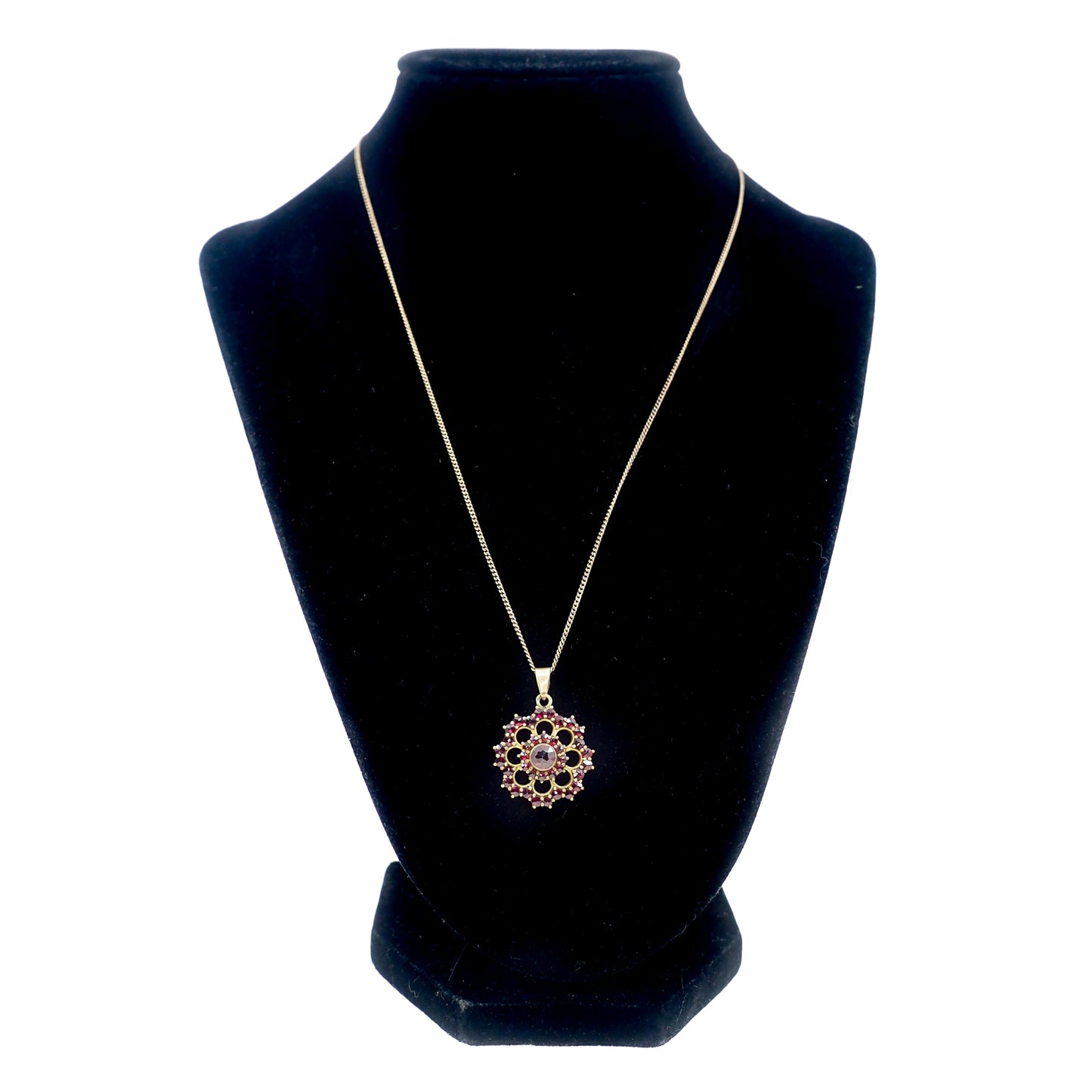 Vintage 1960s Rose Cut Bohemian Garnet and Flower Pendant 18" Necklace