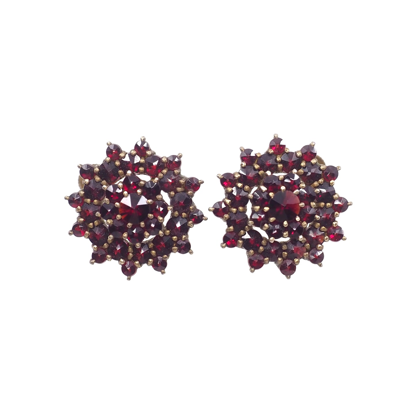 Vintage 1960s Granat Turnov Bohemian Garnet 900 Silver Gold-Washed Cluster Screw Back Earrings