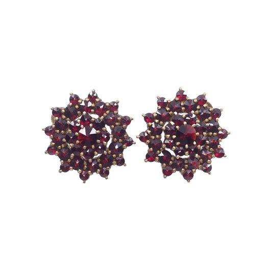 Vintage 1960s Granat Turnov Bohemian Garnet 900 Silver Gold-Washed Cluster Screw Back Earrings