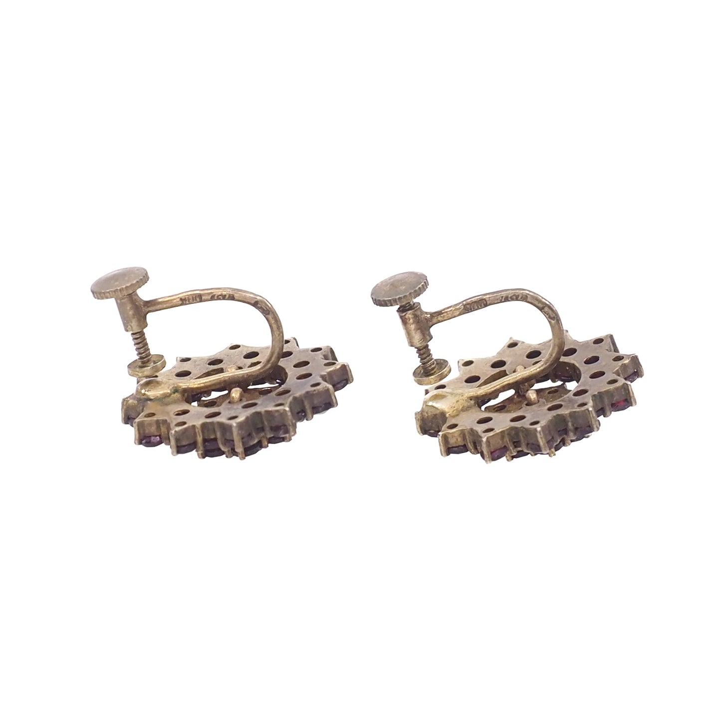 Vintage 1960s Granat Turnov Bohemian Garnet 900 Silver Gold-Washed Cluster Screw Back Earrings