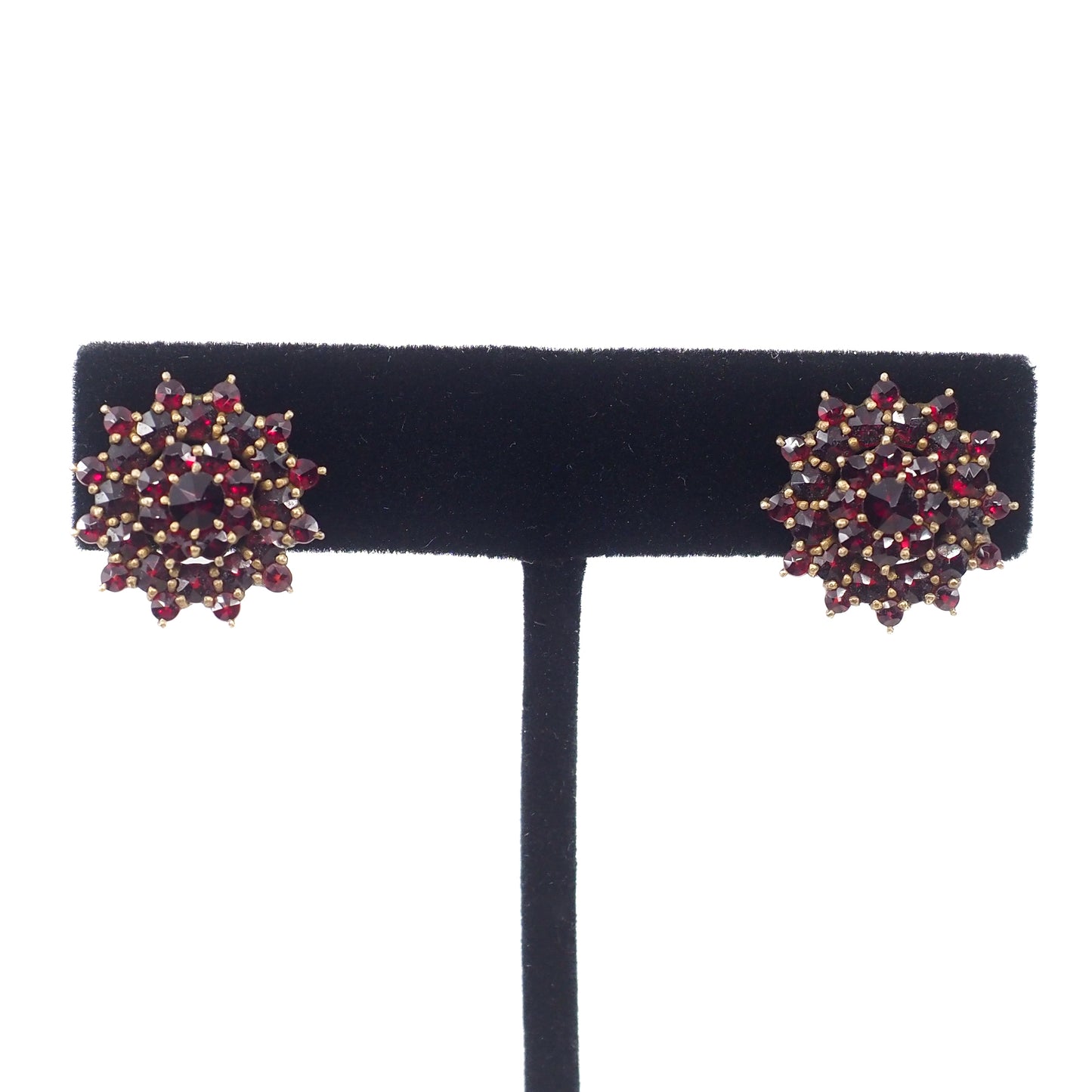 Vintage 1960s Granat Turnov Bohemian Garnet 900 Silver Gold-Washed Cluster Screw Back Earrings