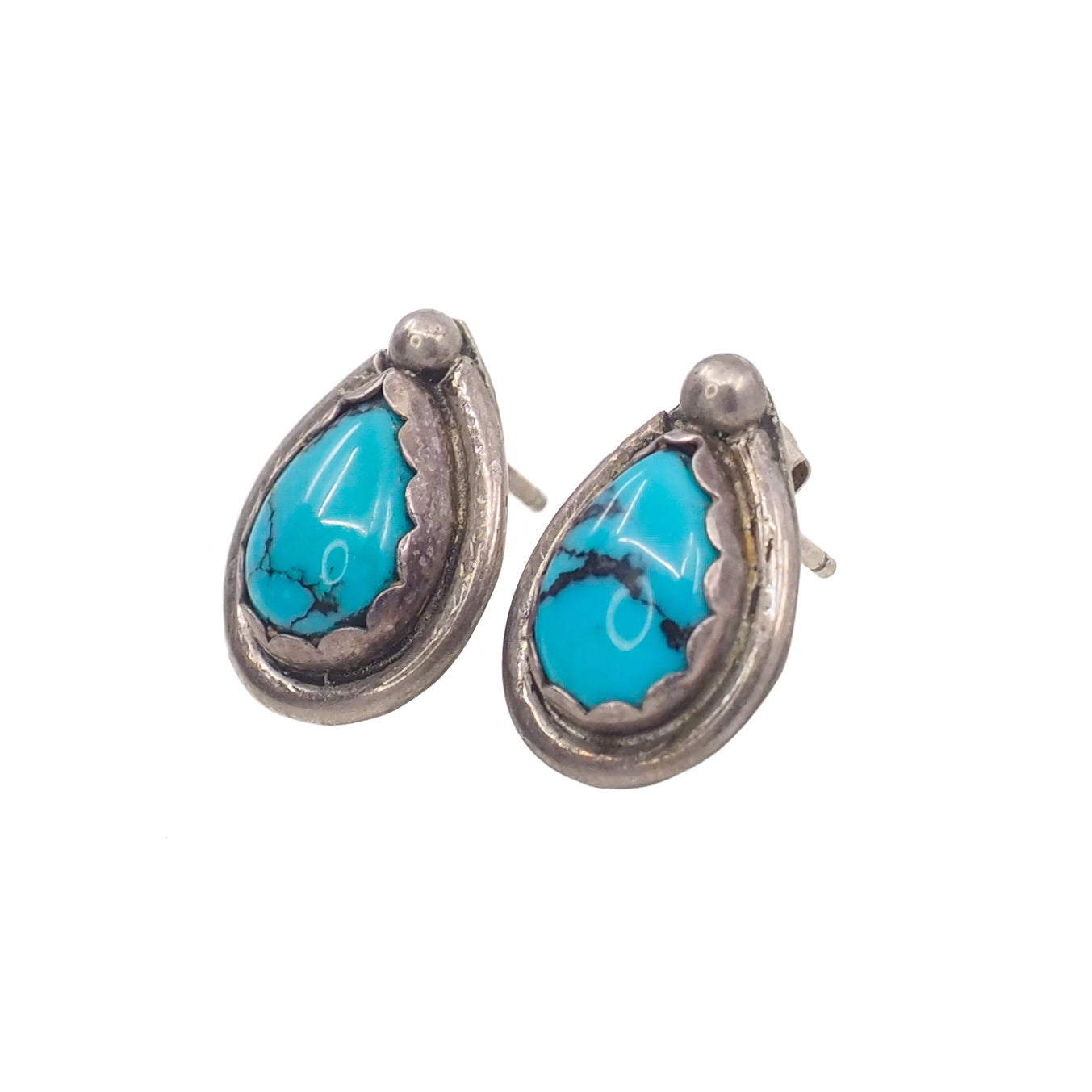 Vintage 1980s Blue Turquoise and Sterling Silver Pear Southwestern Stud Earrings