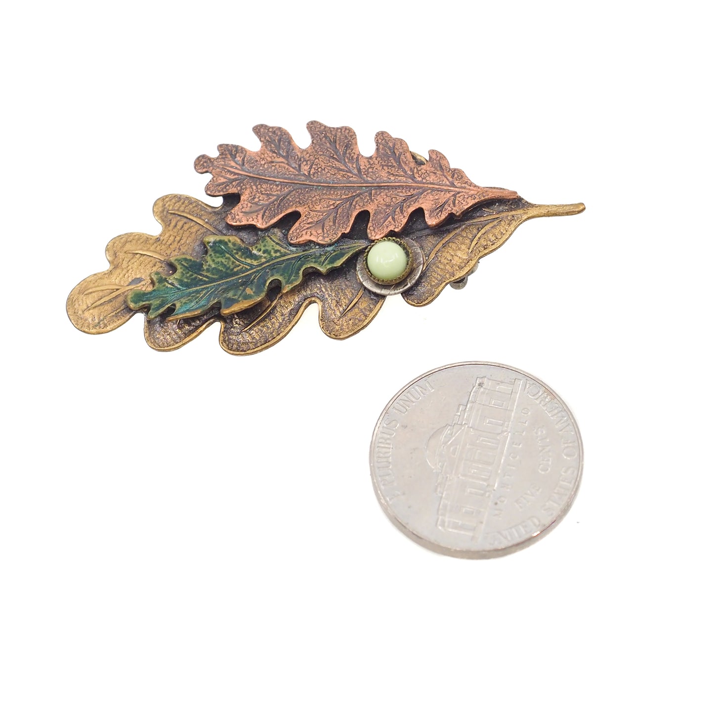 Vintage 1960s Brass Tri-Tone Oak Leaf Brooch