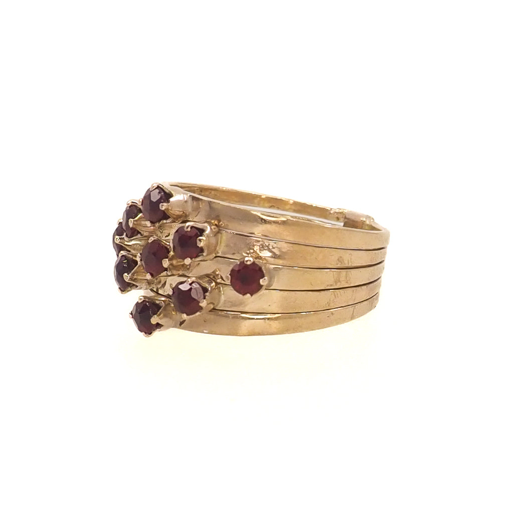 Vintage 1950s Red Garnet and 14K Five Band Harem Statement Ring Size 8