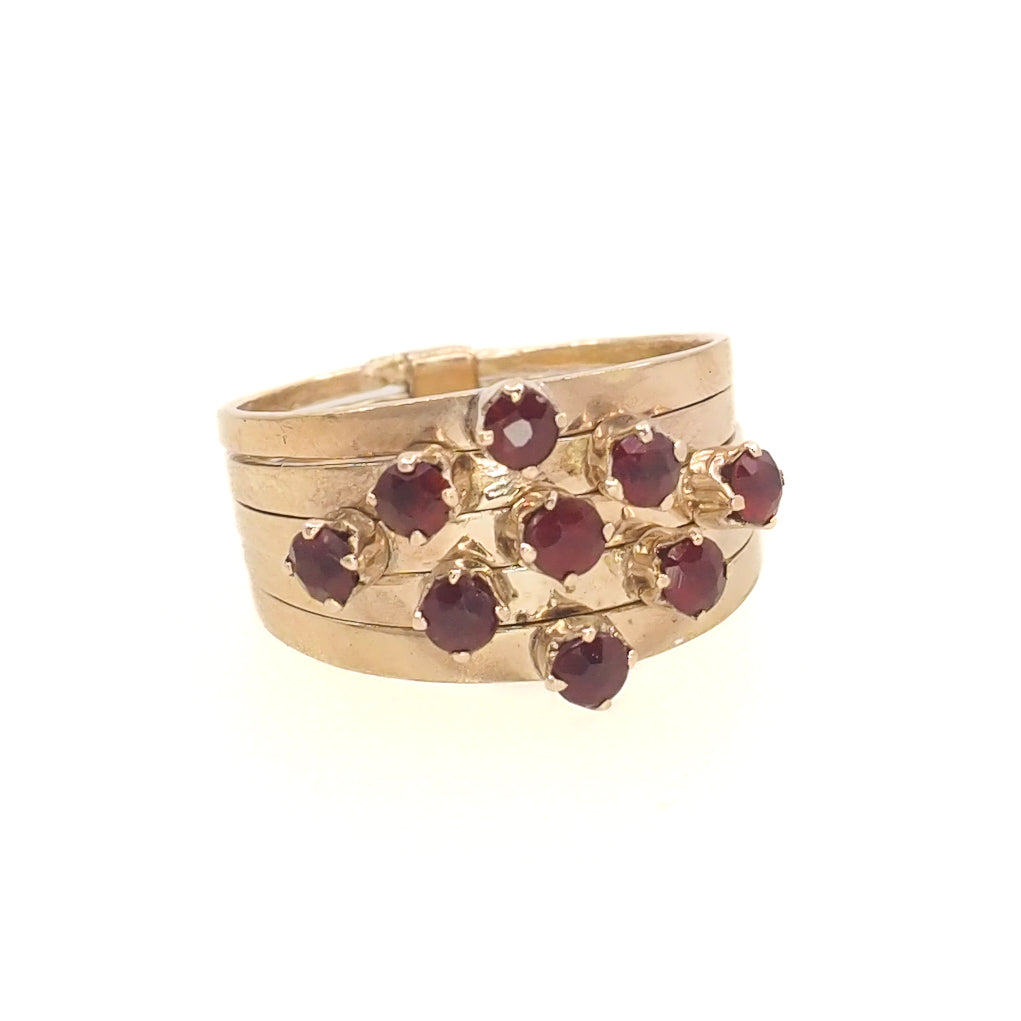 Vintage 1950s Red Garnet and 14K Five Band Harem Statement Ring Size 8