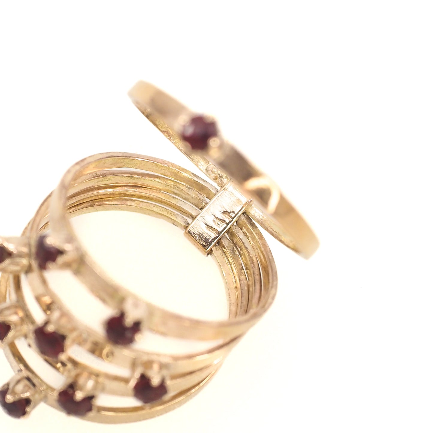 Vintage 1950s Red Garnet and 14K Five Band Harem Statement Ring Size 8