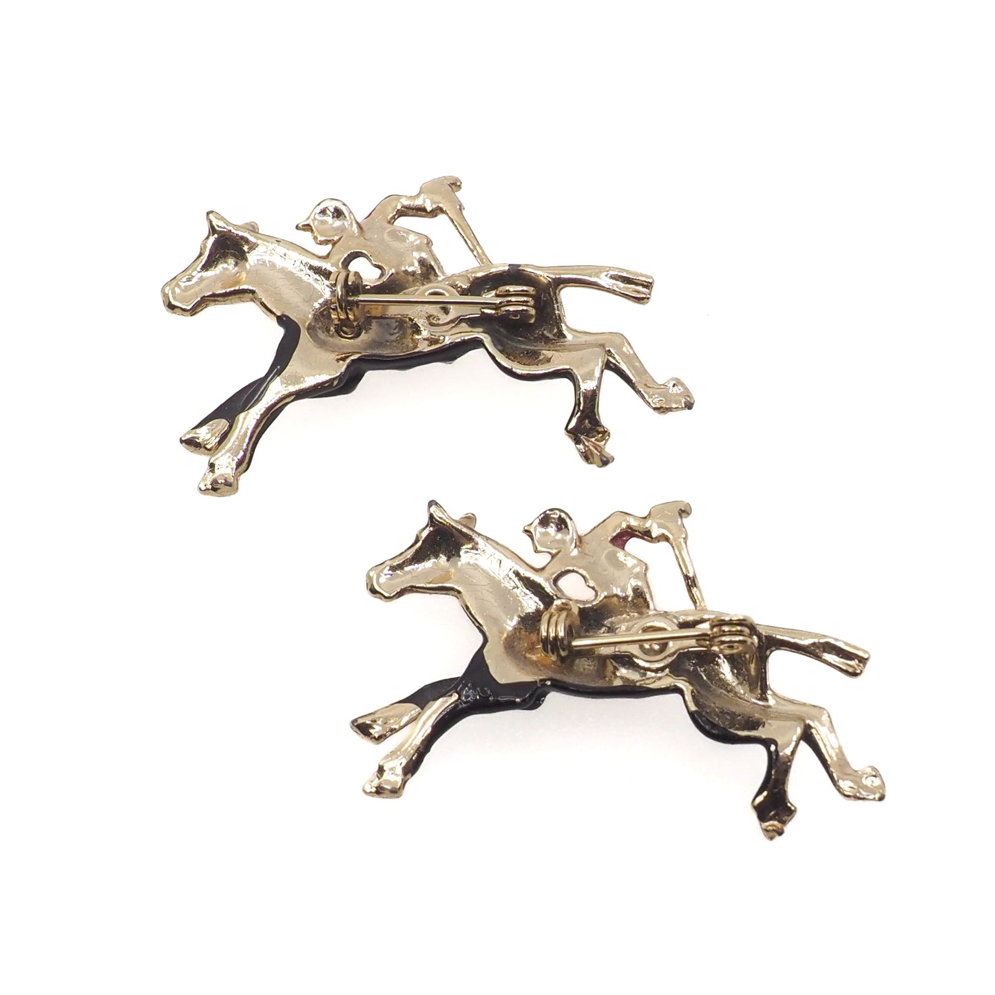 Vintage 1980s Enamel Jockey and Horse Gold Tone Brooch Set