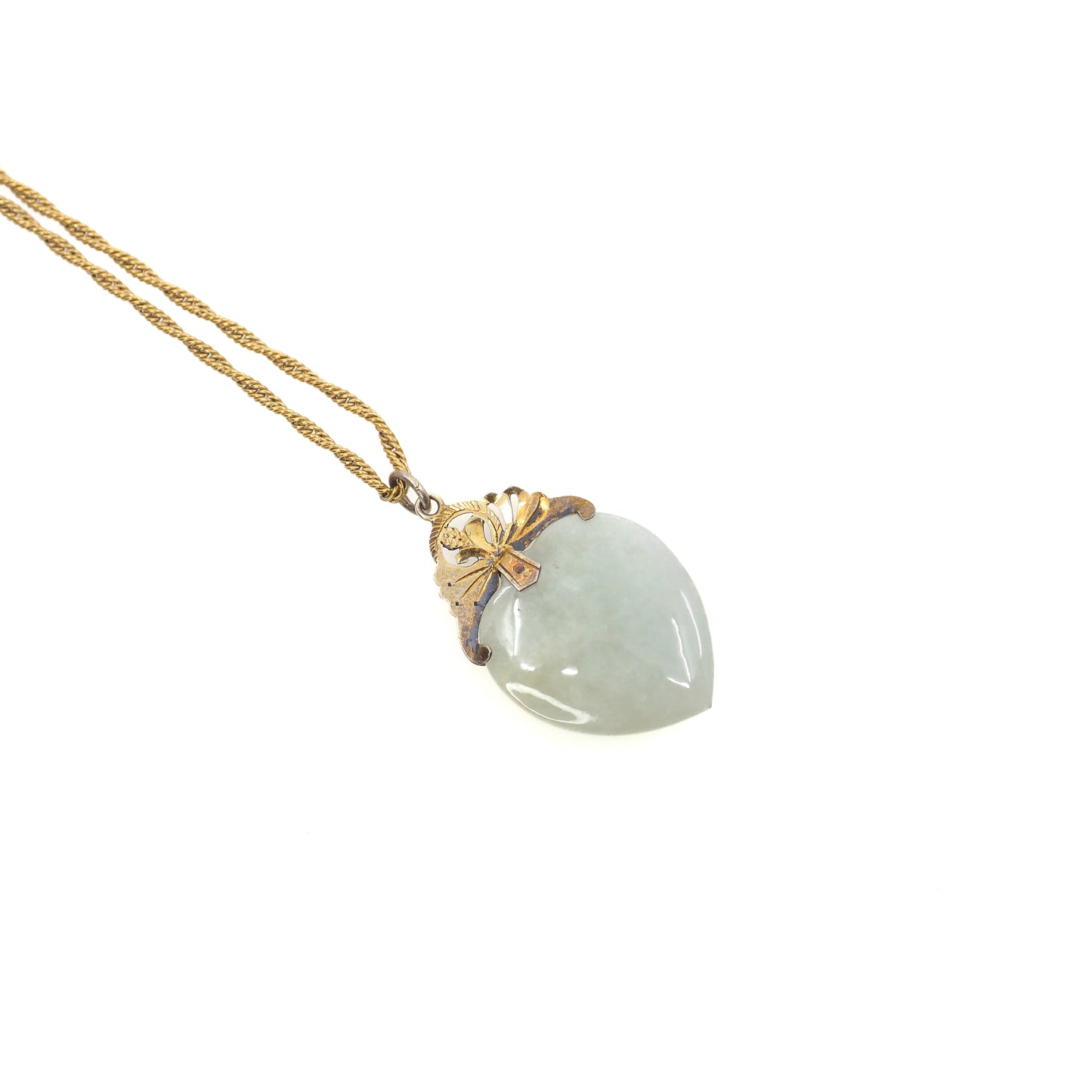 Vintage 1960s Heart Green Jadeite Jade and Gold Filled 18" Necklace