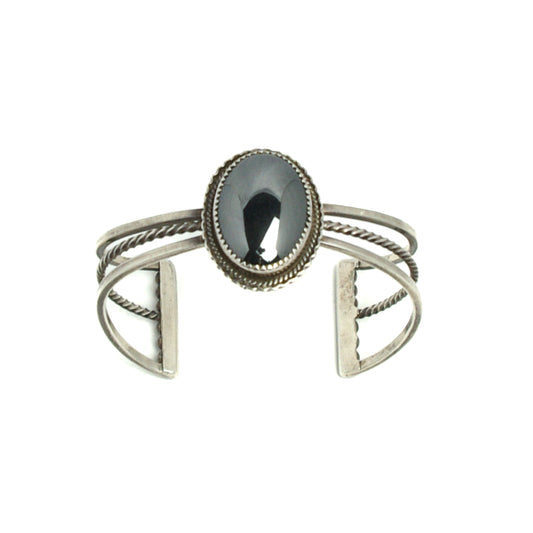 Vintage 1970s Hematite Cabochon Sterling  Silver Rope Native American Gemstone 6.5" Cuff Bracelet