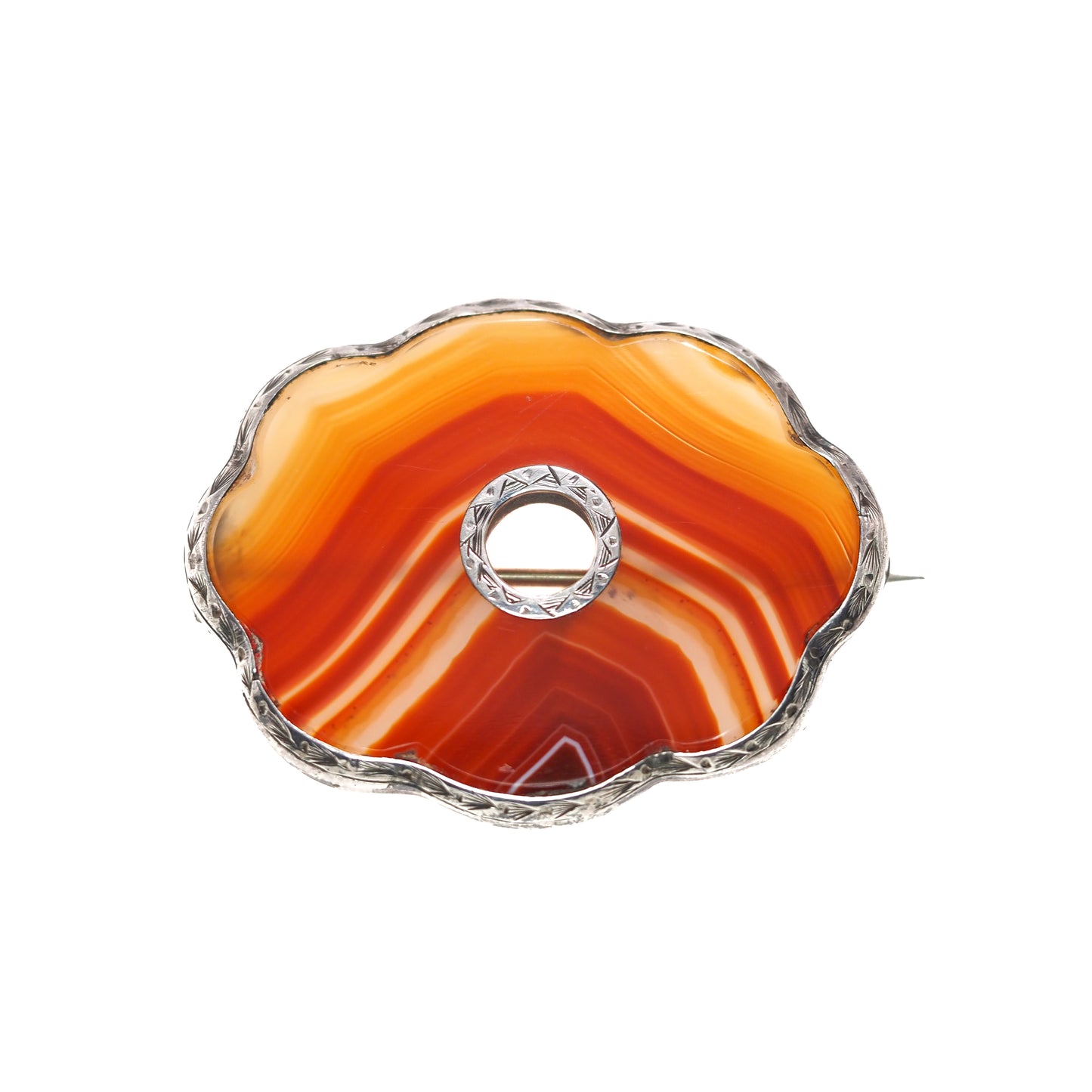 Antique 1880s Late Victorian Scottish Pebble Orange Banded Agate Silver Large Brooch