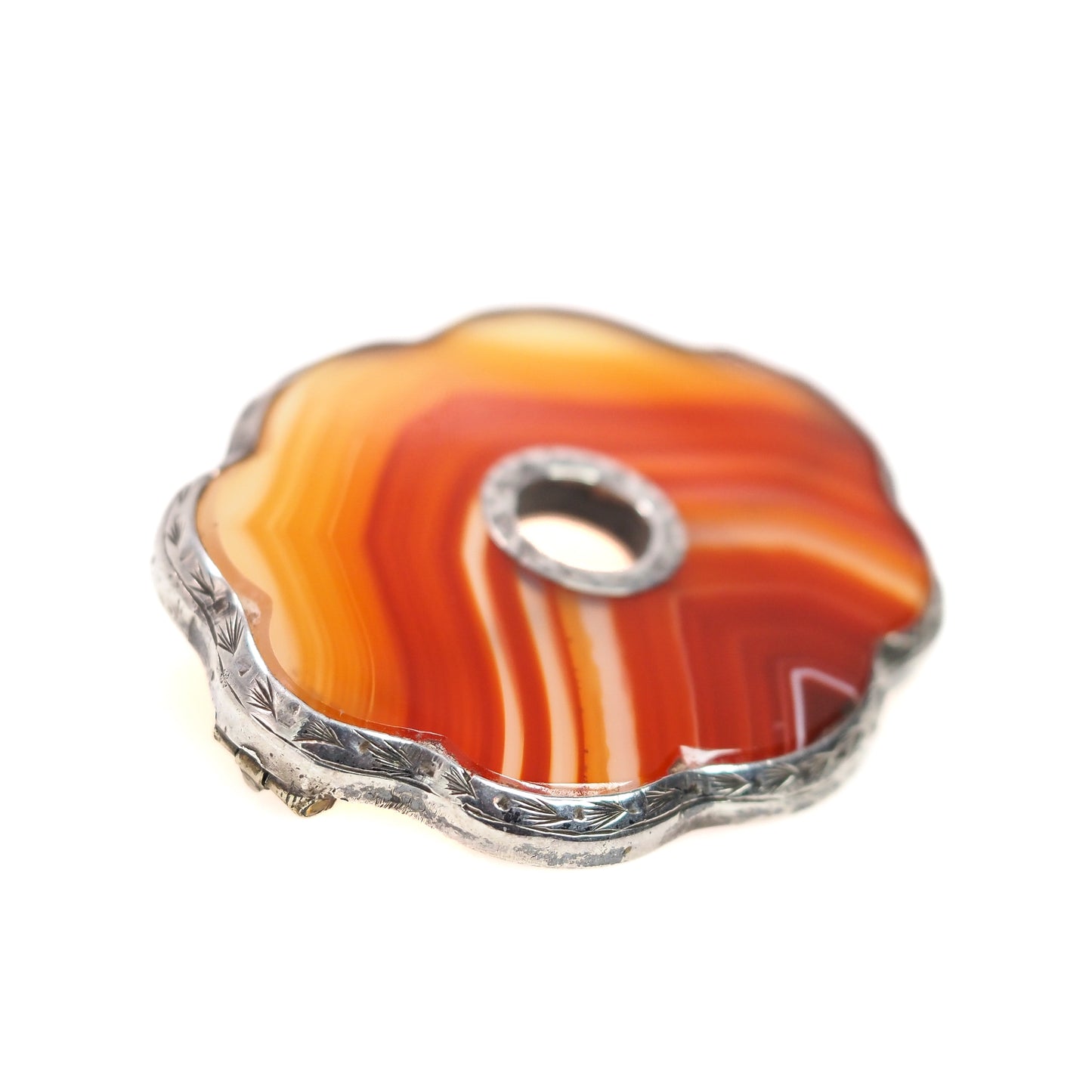 Antique 1880s Late Victorian Scottish Pebble Orange Banded Agate Silver Large Brooch