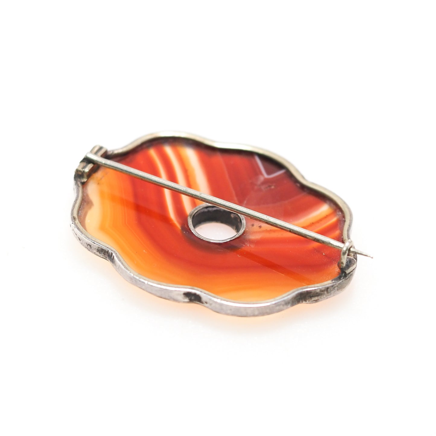 Antique 1880s Late Victorian Scottish Pebble Orange Banded Agate Silver Large Brooch