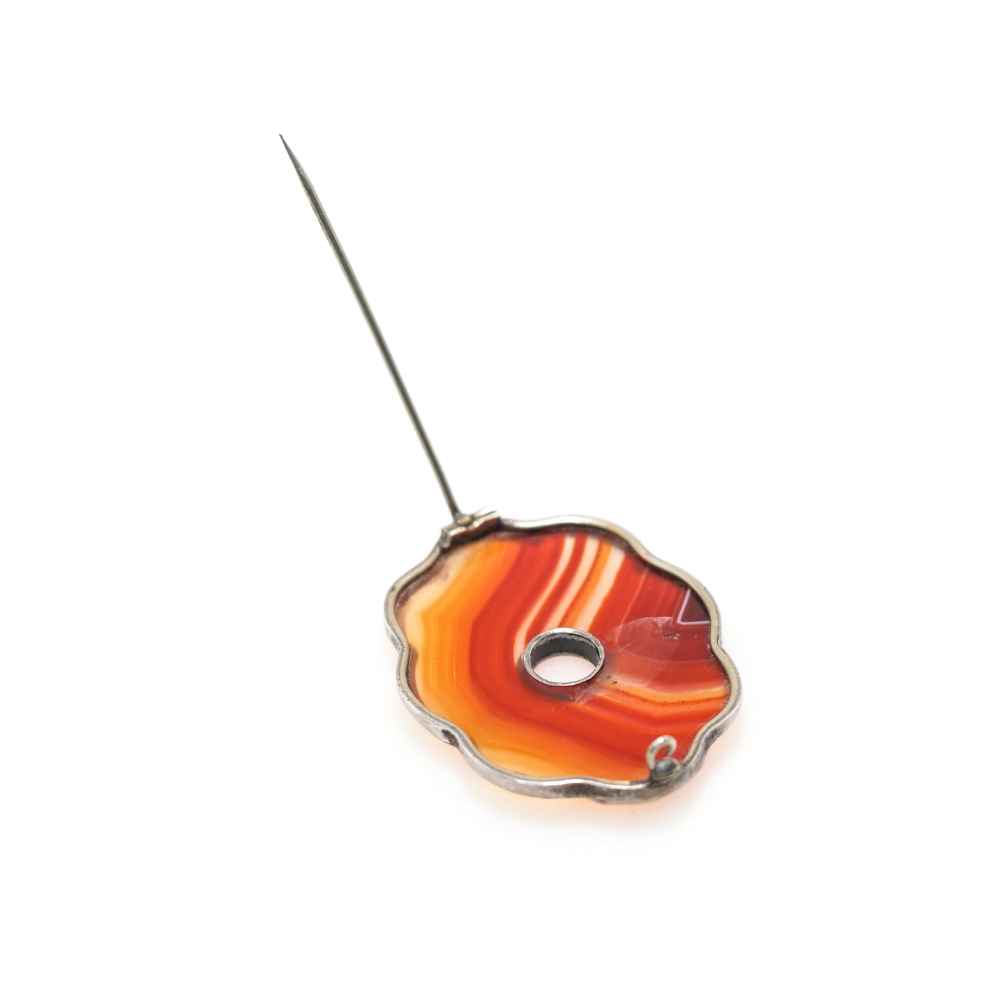 Antique 1880s Late Victorian Scottish Pebble Orange Banded Agate Silver Large Brooch