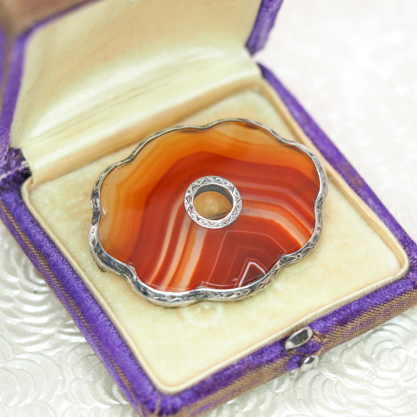 Antique 1880s Late Victorian Scottish Pebble Orange Banded Agate Silver Large Brooch