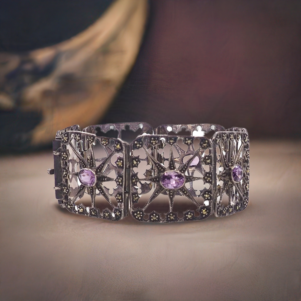 Antique 1900s Oval Cut Amethyst, Marcasite, Sterling Starburst Large Link 6.75" Bracelet