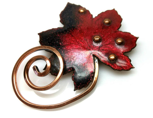 Vintage 1960s MATISSE Copper Mid Century Leaf Signed Red and Black Enamel Brooch