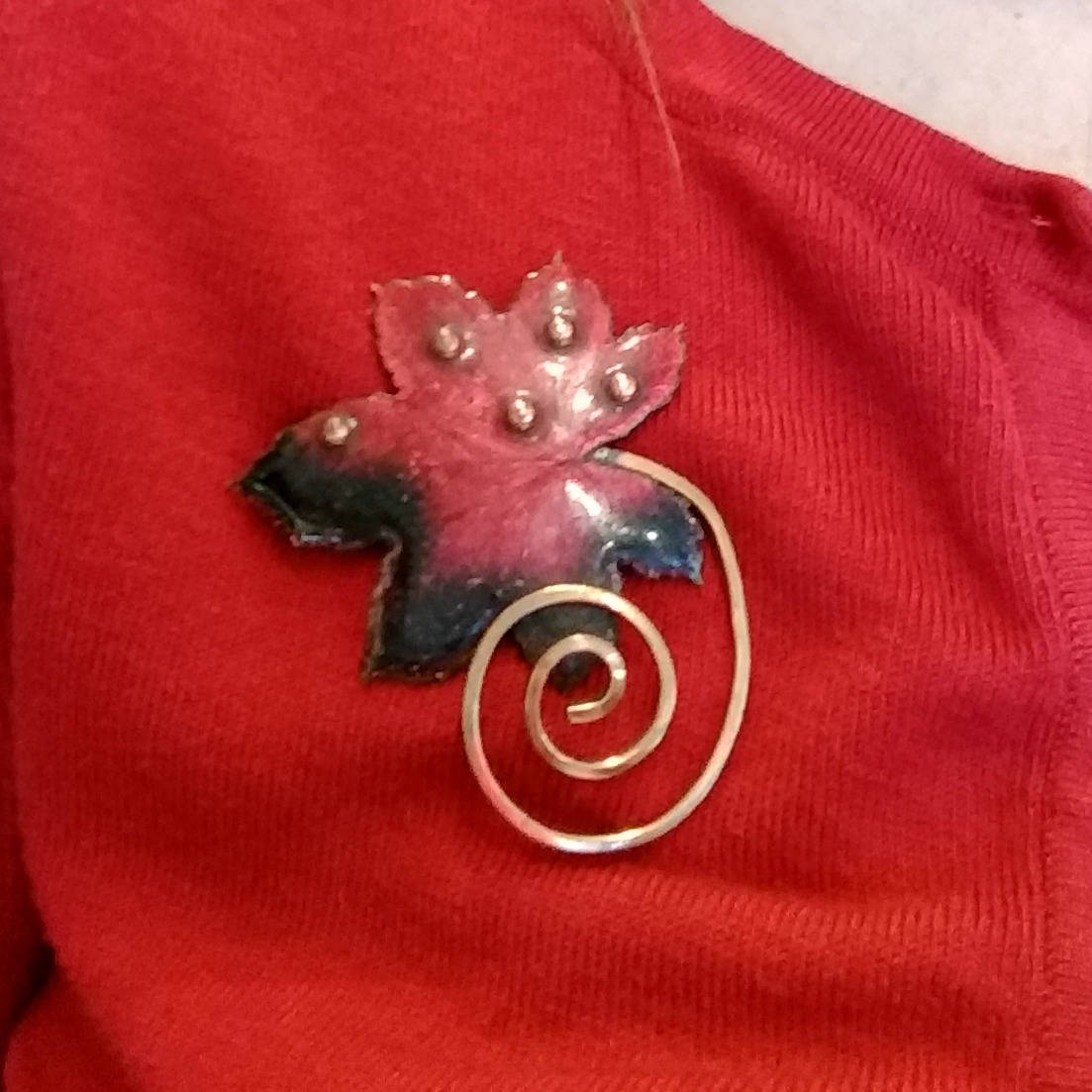 Vintage 1960s MATISSE Copper Mid Century Leaf Signed Red and Black Enamel Brooch