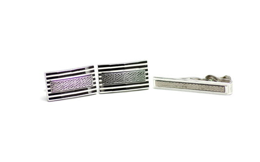 Vintage 1960s SWANK Rectangular Unisex Faceted Silver Tone Cufflinks and Tie Clip Set