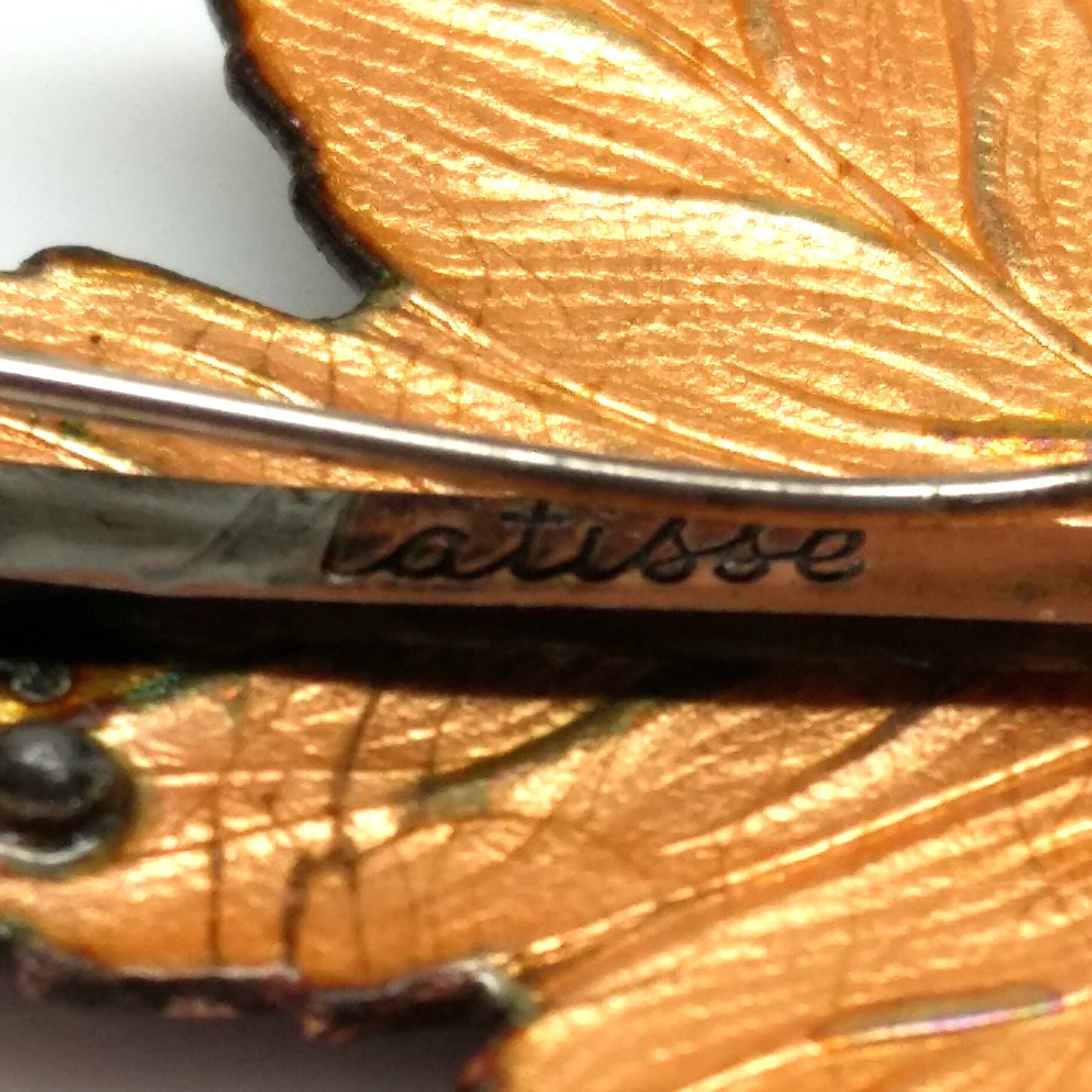 Vintage 1960s MATISSE Copper Mid Century Leaf Signed Red and Black Enamel Brooch