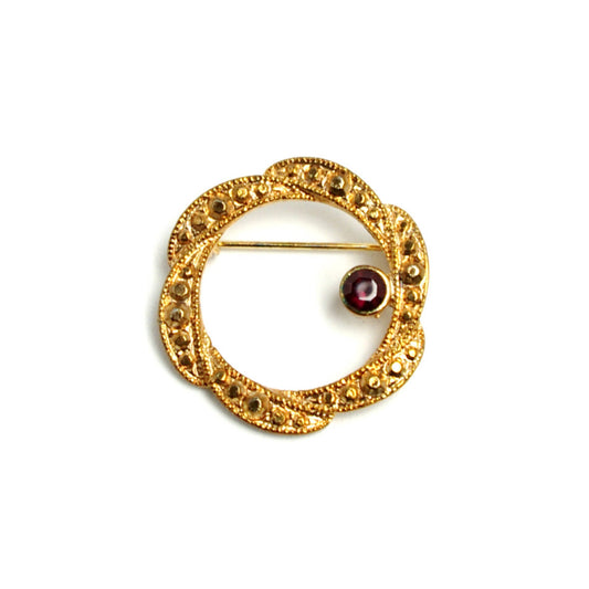 Vintage 1980s Costume Halo Red Rhinestone Circular Wreath Gold Tone Pin Brooch