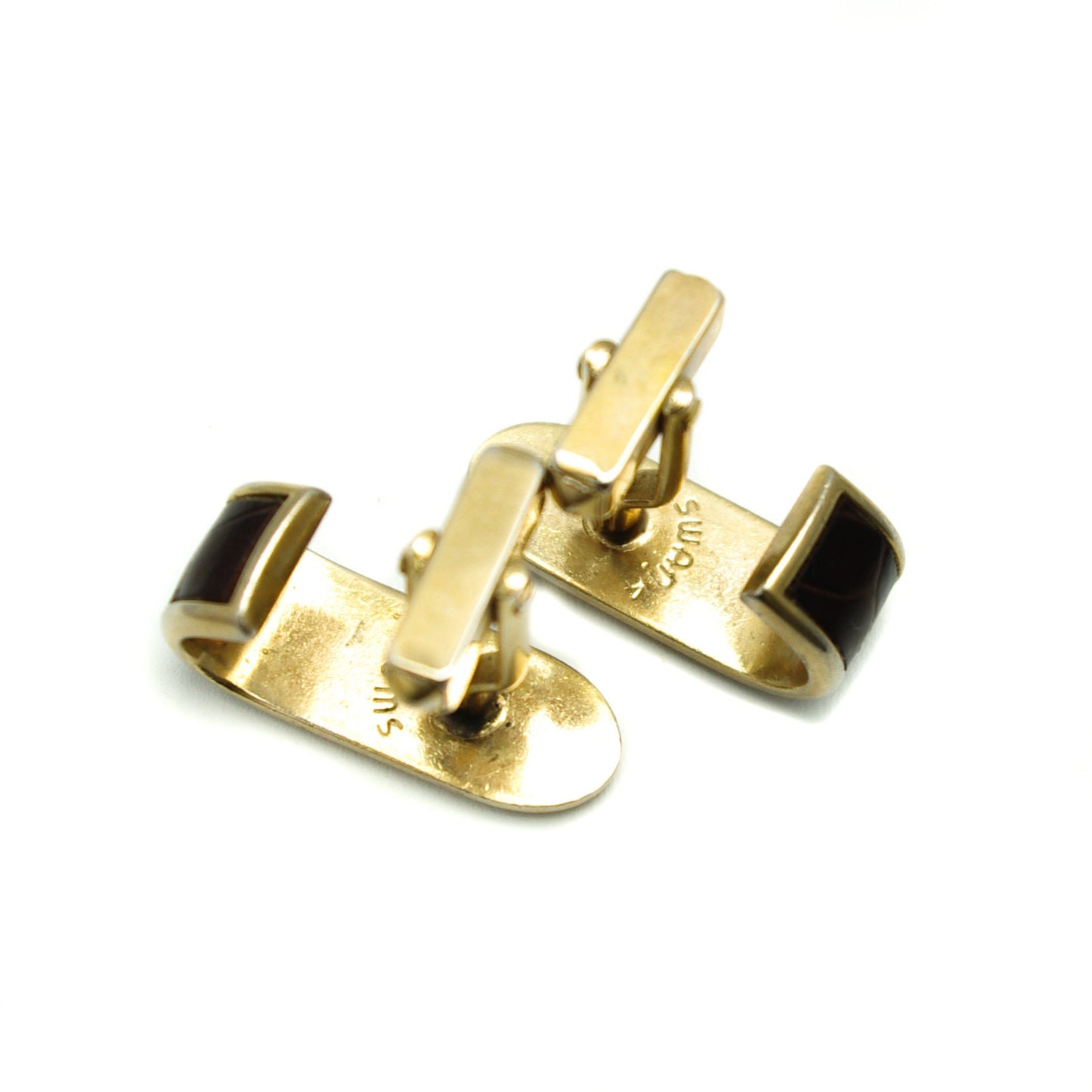Vintage Swank Brown Leather Cufflings - 1960s Designer Brown and Gold Tone Metal Unisex Cufflinks - Vegan Leather Alligator Cufflinks