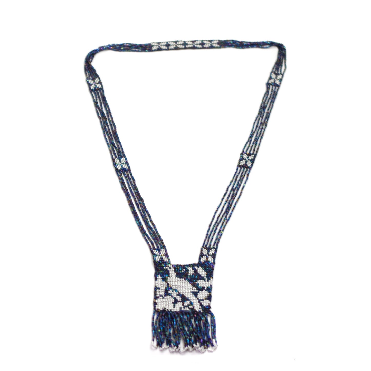 Vintage Bead Tassel Necklace - 1970s Southwestern Loom Peacock and Silver Glass Beaded Dove Long Necklace - Boho Bead Necklace