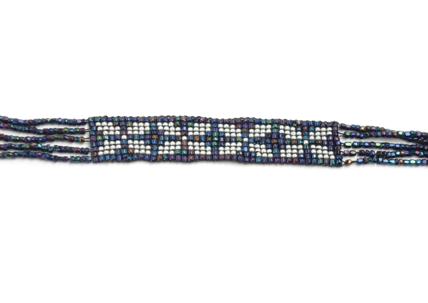 Vintage Bead Tassel Necklace - 1970s Southwestern Loom Peacock and Silver Glass Beaded Dove Long Necklace - Boho Bead Necklace