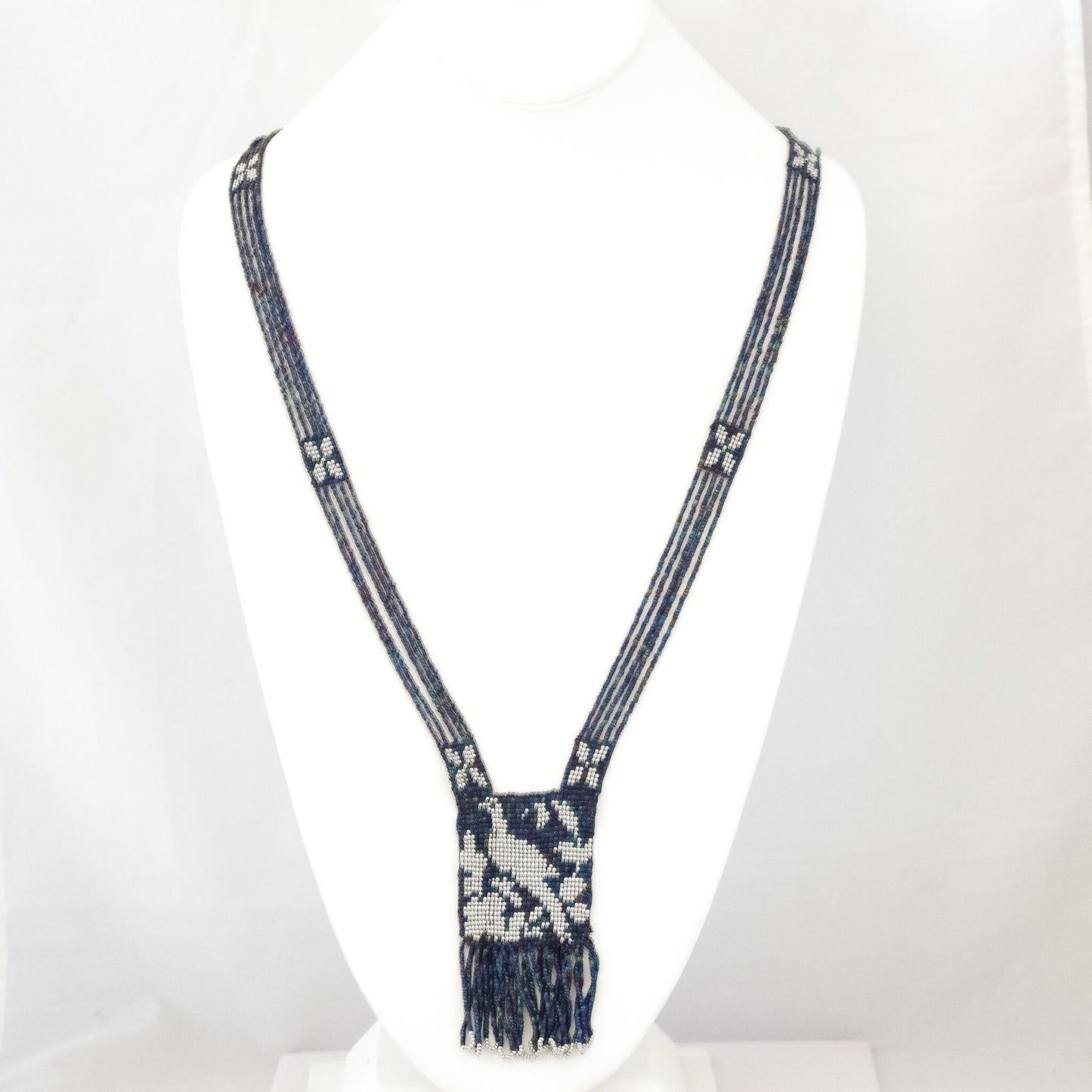 Vintage Bead Tassel Necklace - 1970s Southwestern Loom Peacock and Silver Glass Beaded Dove Long Necklace - Boho Bead Necklace