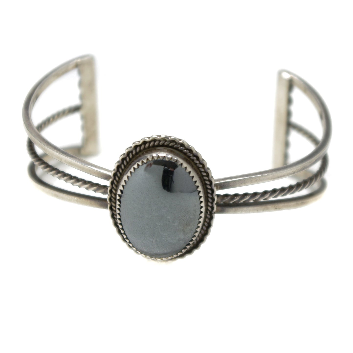 Vintage Hematite Gray Silver Bracelet - 1970s Hematite, Sterling Cabochon 6.5" Cuff - Silver Rope Native American Gemstone Bracelet