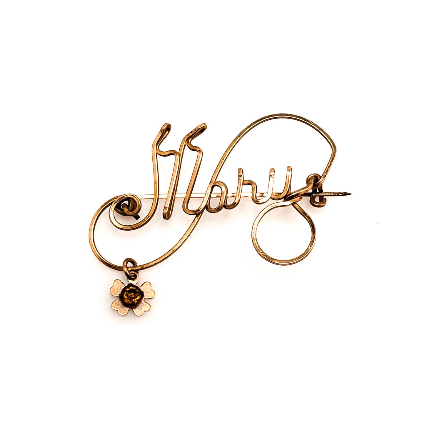 Vintage 1950s Rose Gold Fill and Orange Rhinestone Personalized  MARY Name Flower Wire Brooch