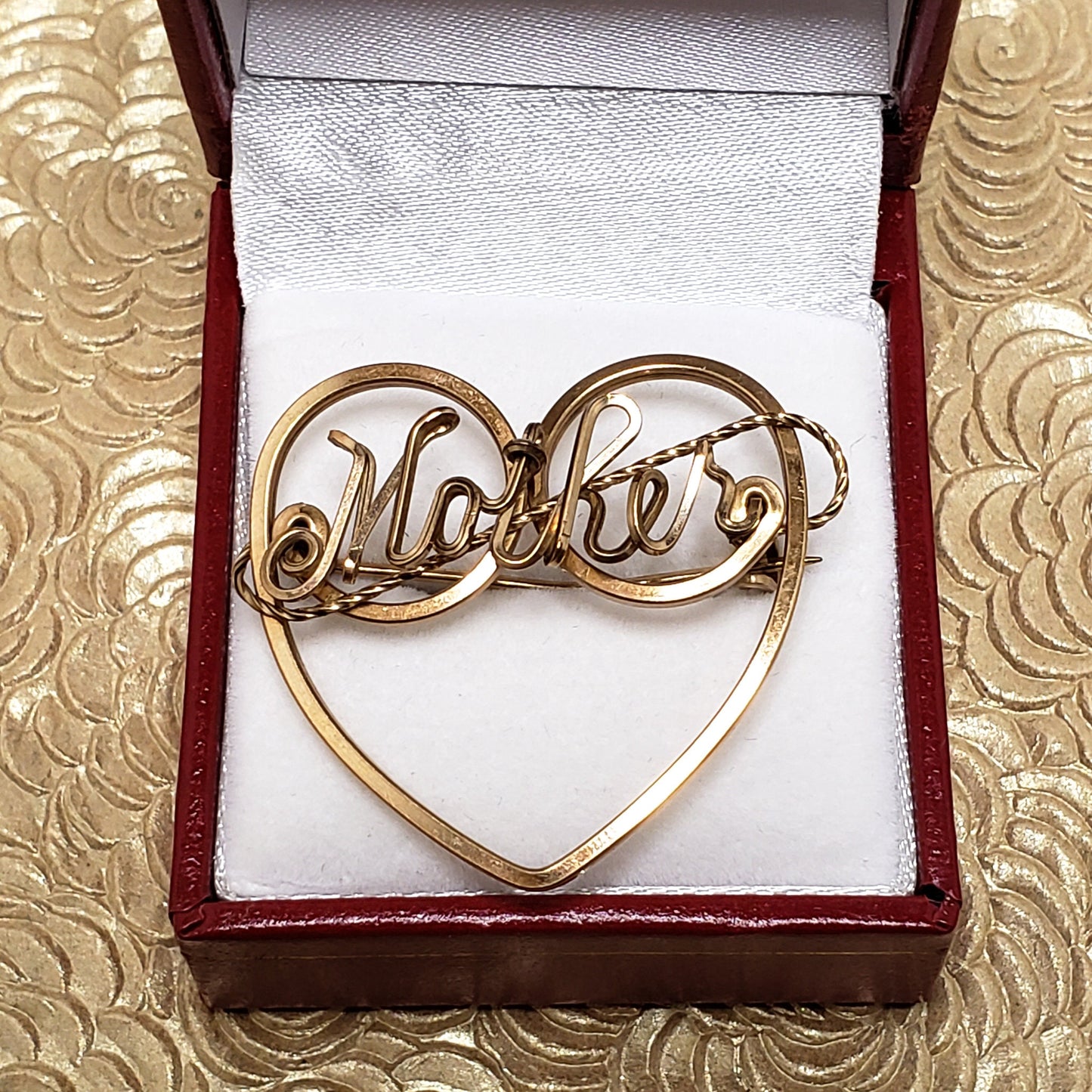 Vintage 1950s MOTHER Wirework Heart Rose Gold Fill Brooch
