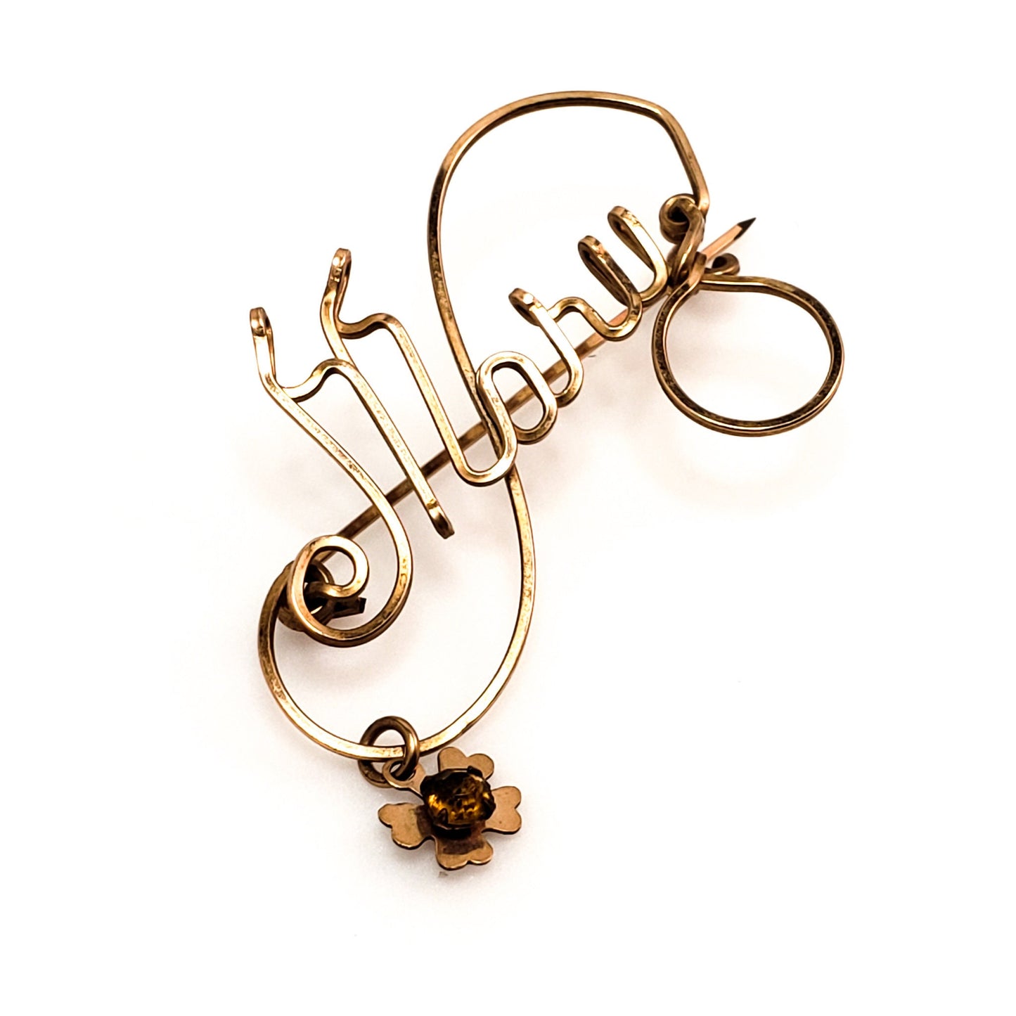 Vintage 1950s Rose Gold Fill and Orange Rhinestone Personalized  MARY Name Flower Wire Brooch