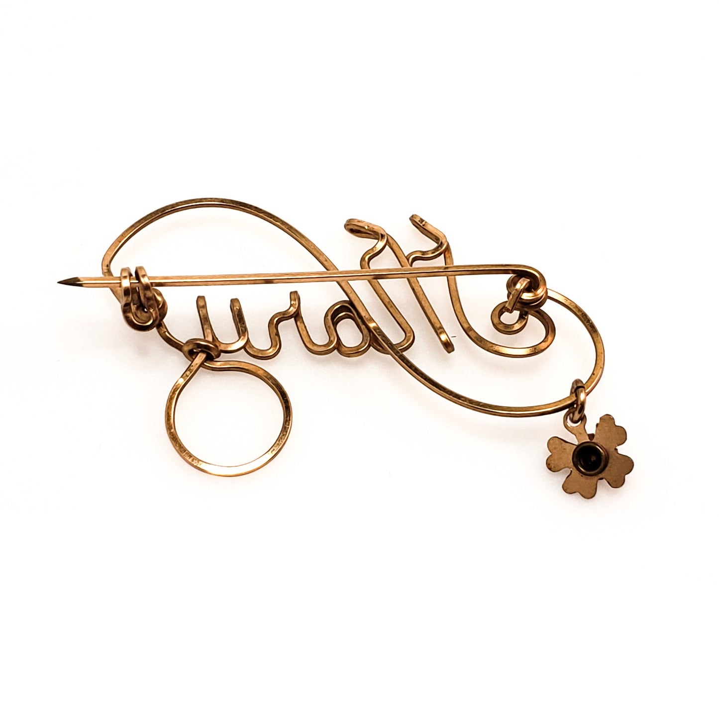 Vintage 1950s Rose Gold Fill and Orange Rhinestone Personalized  MARY Name Flower Wire Brooch