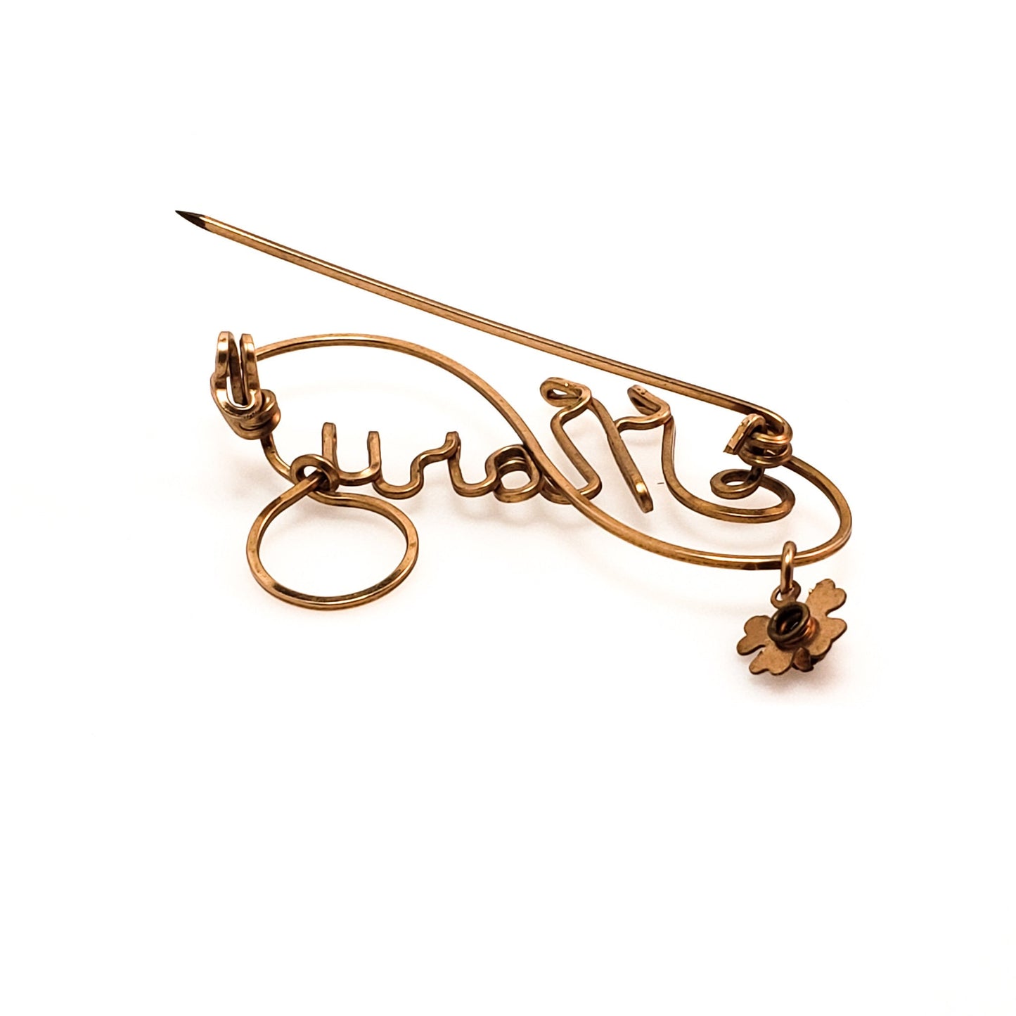 Vintage 1950s Rose Gold Fill and Orange Rhinestone Personalized  MARY Name Flower Wire Brooch