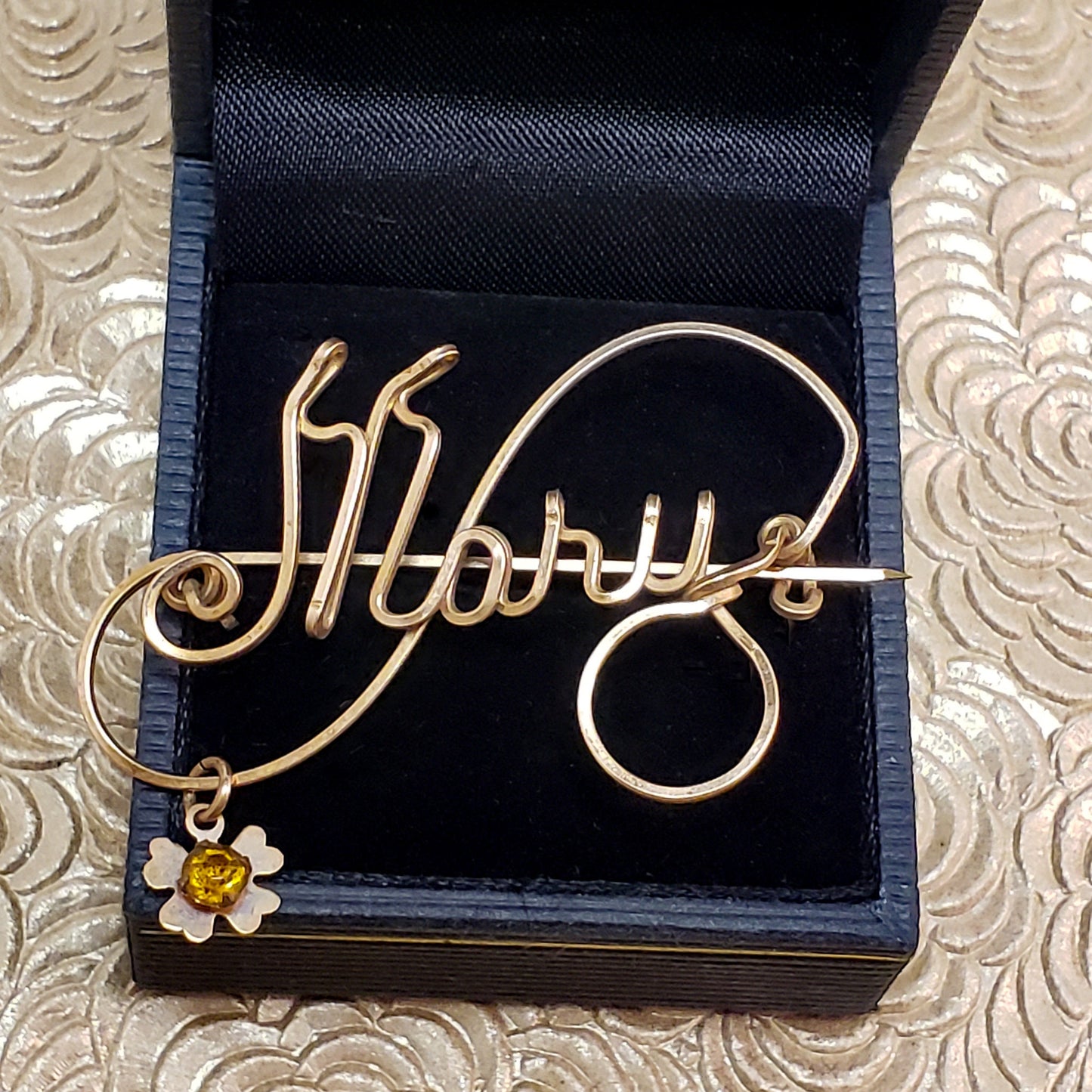 Vintage 1950s Rose Gold Fill and Orange Rhinestone Personalized  MARY Name Flower Wire Brooch