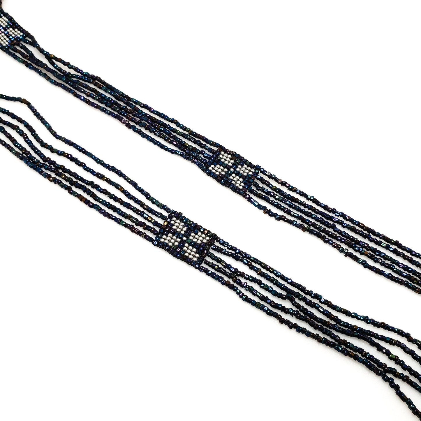 Vintage Bead Tassel Necklace - 1970s Southwestern Loom Peacock and Silver Glass Beaded Dove Long Necklace - Boho Bead Necklace