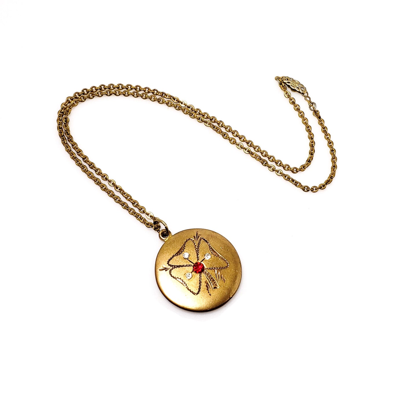 Antique 1900s Edwardian Three Leaf Clover Red Paste Gold Fill Choker 16" Necklace