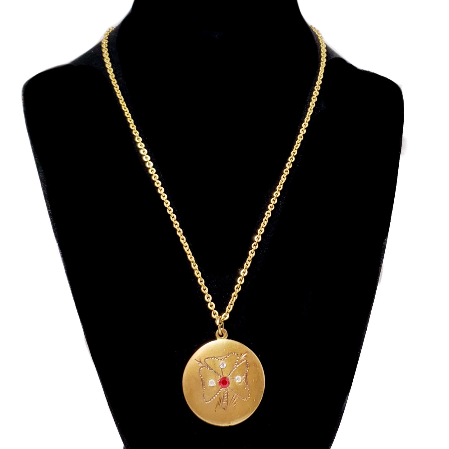 Antique 1900s Edwardian Three Leaf Clover Red Paste Gold Fill Choker 16" Necklace